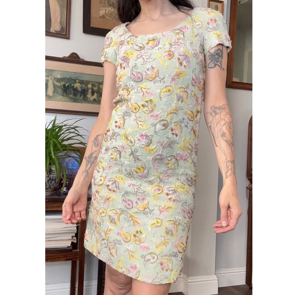 Vintage Embroidered Beaded Paisley Linen Shift Dress Sage Green Pink Yellow